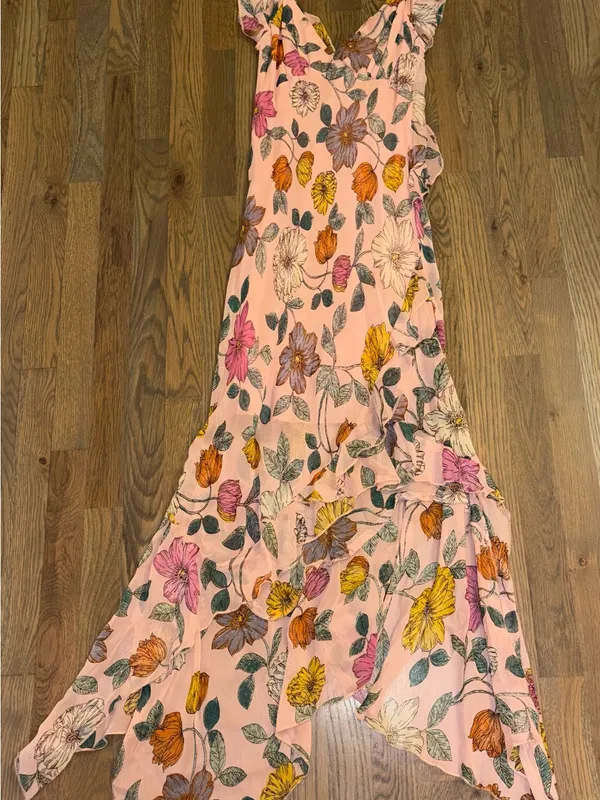 Angie Floral Ruffle Handkerchief Hem Midi Dress Pink Medium NWT - Image 2