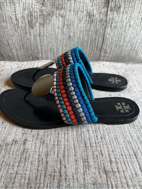 Tory Burch Women's Patos Sport Blue Silver Disk Thong Sandals Flip Flops - Image 2