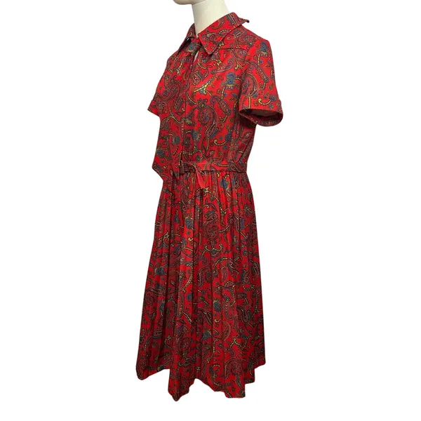 VTG 70s Red Paisley Dagger Collar Midi Dress with Matching Belt M Whimsygoth - Image 9