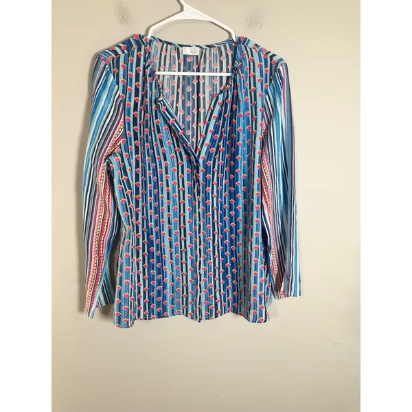 Ecru‎ 100% Silk Blouse Blue Pink Geometric Striped Split Neck Long Sleeve Large - Image 2