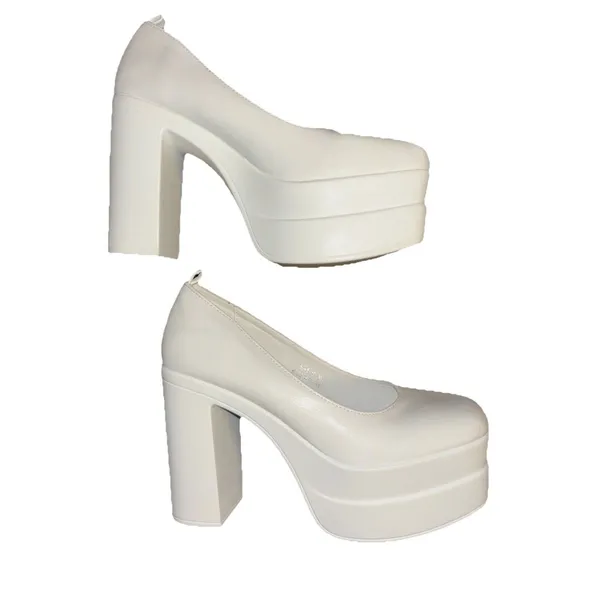 Women’s White Chunky Block High Heels Shoes Platform Shoes Pumps 8.5 - Image 2
