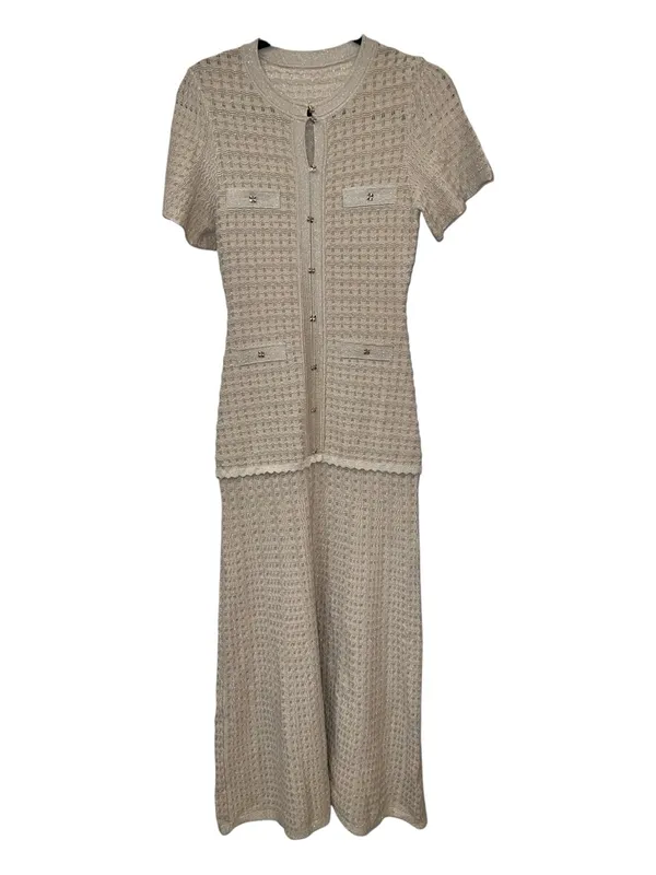 COMMENSE Short Sleeve Crochet Knit Mermaid Maxi Dress Khaki Gold Size S NWT - Image 4