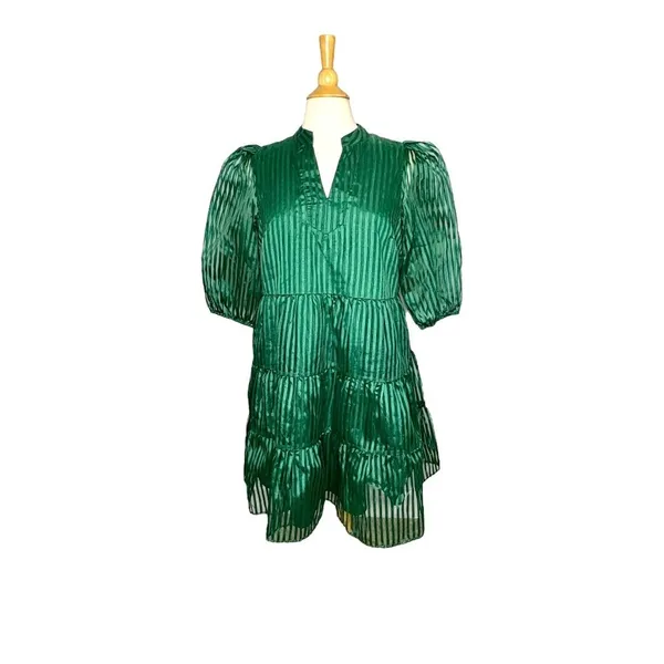 Crown & Ivy Tiered Mini Dress Womens Large‎ Green Striped Puff Sleeve Babydoll - Image 13