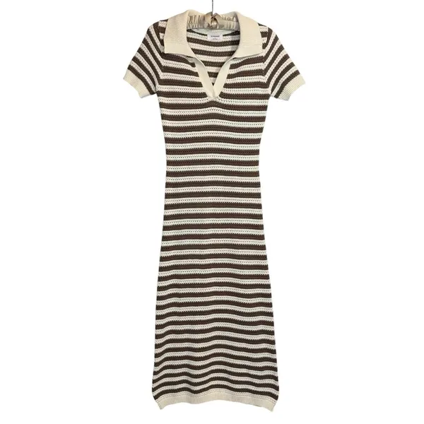 The Workshop Crocheted Midi Dress S Brown Striped Collared Retro Cotton Knit‎ - Image 3