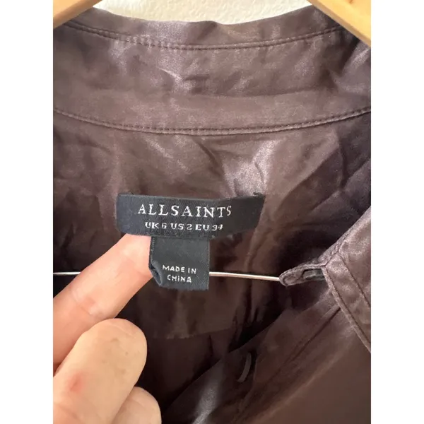 AllSaints Brown Silk Blend Button Down Blouse Smocked Cuff Top US 2 - Image 2