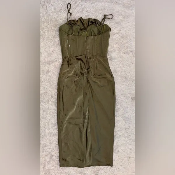 NWOT HOUSE OF CB Myrna olive green Satin Corset Midi Dress sz S - Image 7