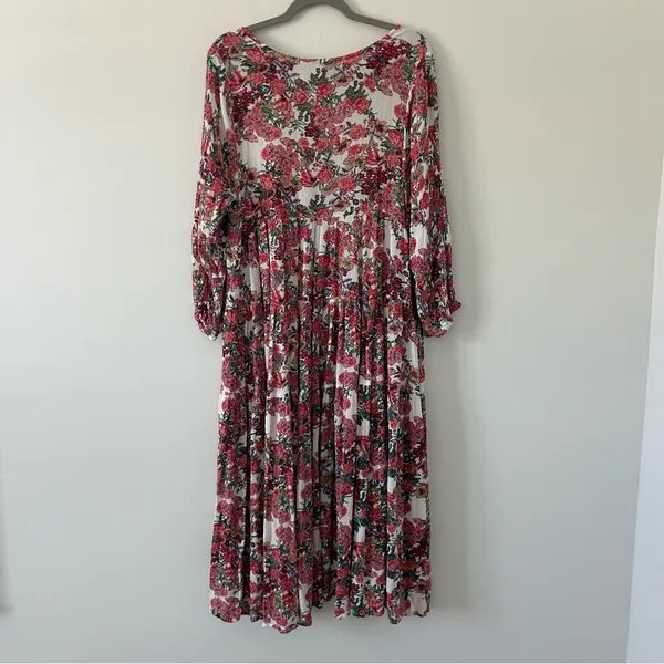 Anthropologie RAGA Pink Red Rose Floral Long Sleeve Tie Neck Boho Maxi Flowy Dress M - Image 2