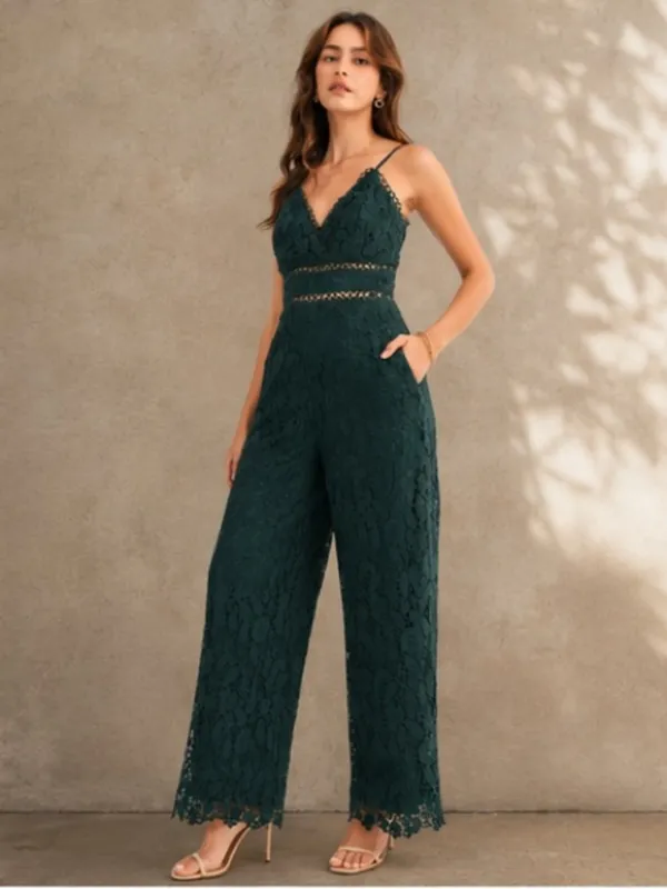 Just Me Hunter Green Crochet Lace Wide-Leg Jumpsuit medium New - Image 5