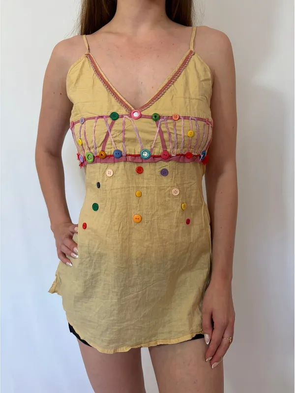 Pale Yellow Button Detail Pink Trim Tie Back Y2k Tank Top - Image 7