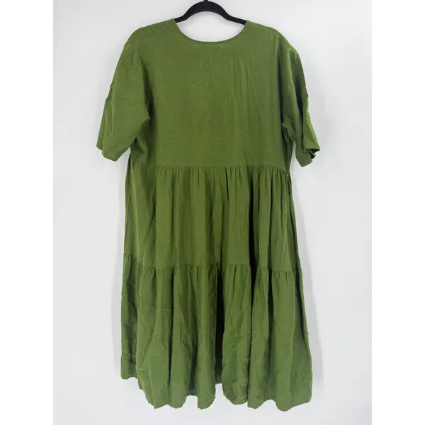 Thinking Mu‎ Fresia Dress Women's L Green Hemp Tencel Tiered Midi Lagenlook Boho - Image 8