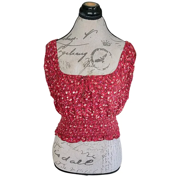 American Eagle Outfitters Red Floral Ditsy Blouse Sz Small Off-Shoulder Cropped - Image 2