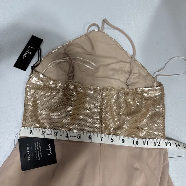 Lulus Maxi Dress XS Blush Tan Halter Sequined Top Chiffon Gown Party Bridesmaid - Image 10