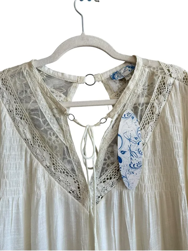 J.Gee Boho Crochet Lace Tiered Mini Dress Cream Bell Sleeve XL New - Image 6