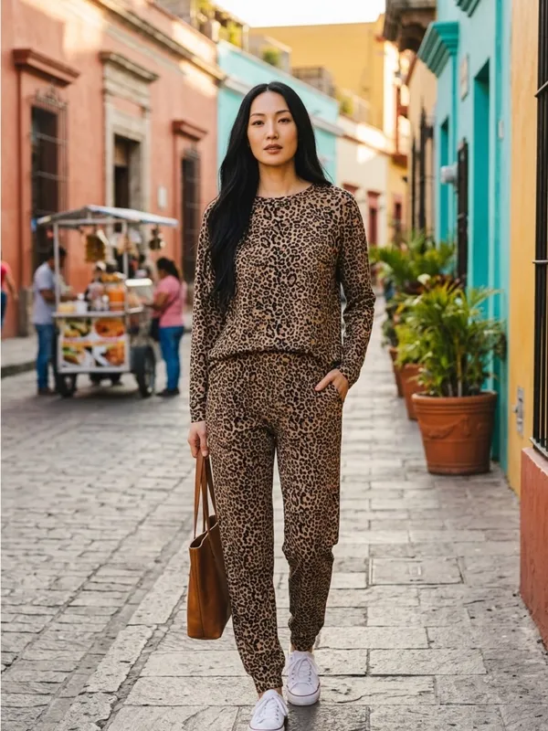 ZENANA | Leopard Print Lounge Set | 2 Piece Top & Jogger | Size L - Image 5