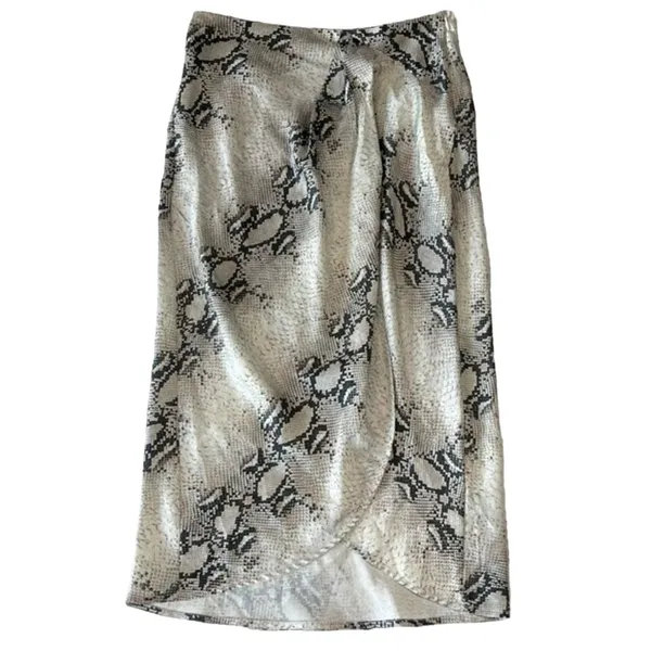 Snake Print Satin Wrap Midi Skirt Gray Silver Womens Small Indie Y2K - Image 2
