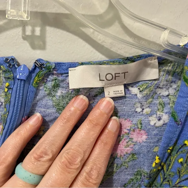LOFT Women’s 2 Floral Babydoll Dress Blue Linen Blend Scoop‎ Neck Puff Sleeve - Image 7