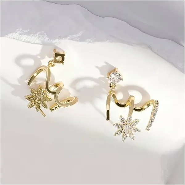 New Gold Tone Starburst and Crystal Drop Multi-Faux Hoop Earrings - Image 4