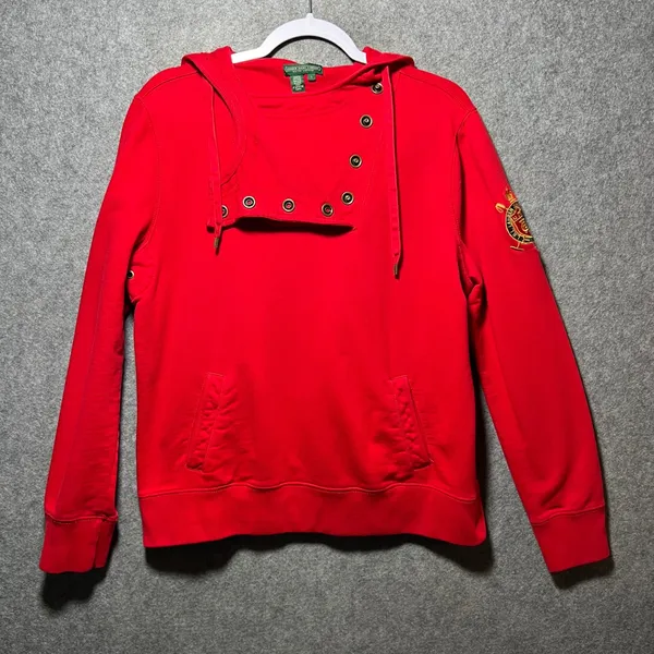 Lauren Ralph Lauren Red Asymmetrical Button Hoodie Crest Sleeve‎ Womens L Y2K - Image 2