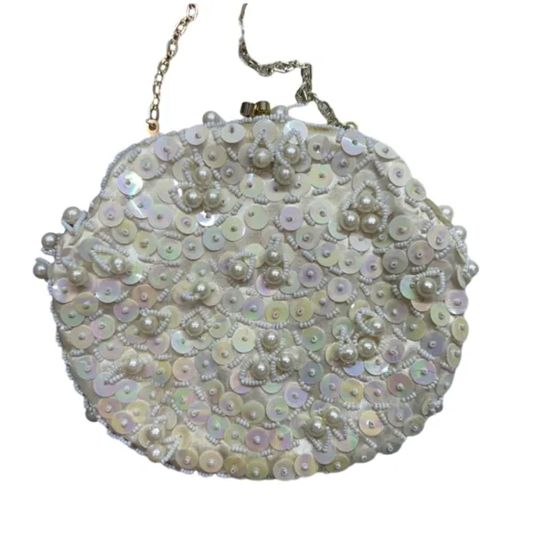 Vintage neutral white chain strap sequins pearl beaded mini handbag purse - Image 3