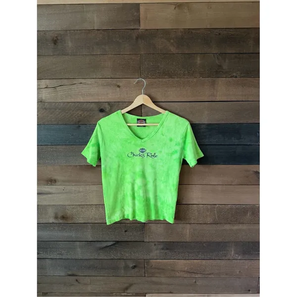 Vintage Harley Davidson Chicks Rule Lime Green Tie Dye Baby Tee - Image 10