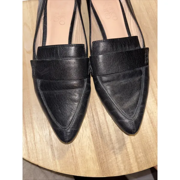 Sz 6 Black Leather Franco Sarto Loafers Silver Accent On Heel - Image 3