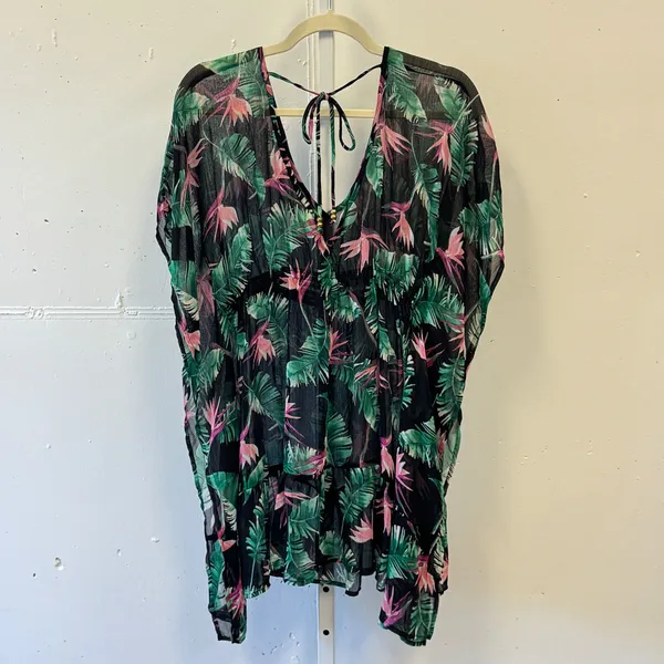 Miken Swim Tropical Bird of Paradise Floral Sheer Beach Cover Up Black Medium - Image 2