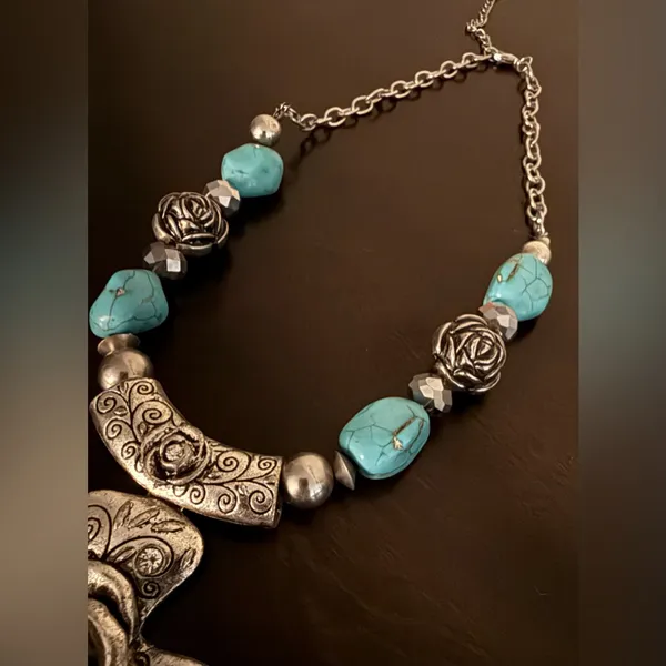 Ornate Silver Turquoise Cross Necklace | Western Boho Statement Chunky Religious - Image 3