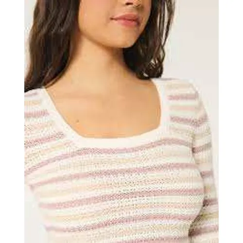 Hollister Crochet Knit Striped Knit Bell‎ Sleeve Square Neck Crop Sweater Small - Image 3