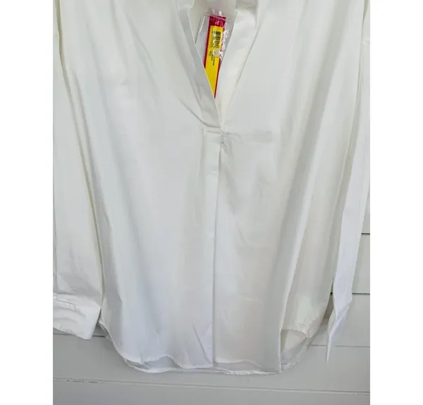 CATHERINE MALANDRINO Womens Size L Classic White Collared V Neck Long Sleeve Top - Image 4