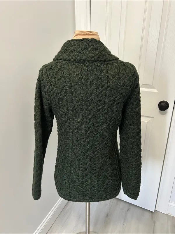 Aran Mor Merino Wool Cableknit Cowl Neck Sweater Dark Green - Image 4