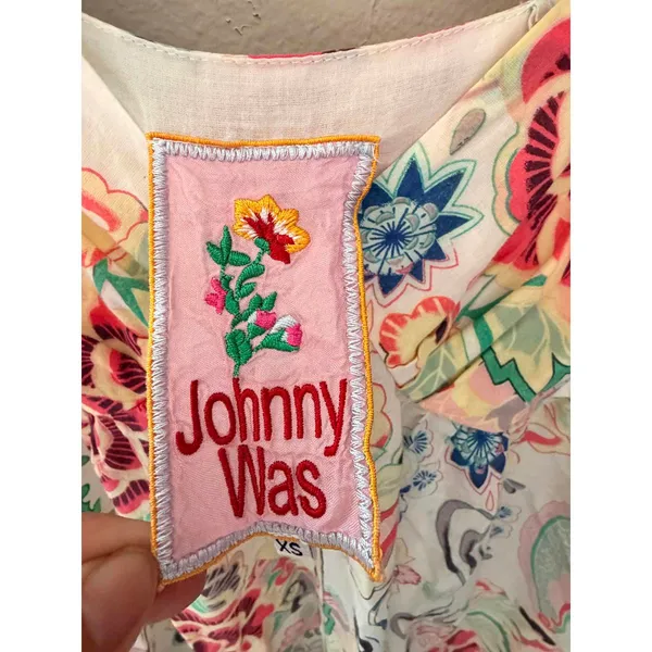 Johnny Was White Floral Scroll Paisley Print Cotton Pleated Button-Up Maxi Dress - Image 3