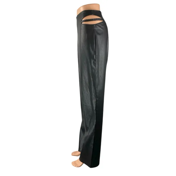 12th Tribe Black Cutout Waist High Rise Faux Leather Vegan Trousers Pants Size S - Image 2