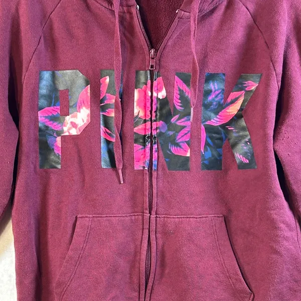 PINK Victoria's Secret‎ Burgundy Floral Logo Zip Up Hoodie Sweatshirt Size S - Image 2