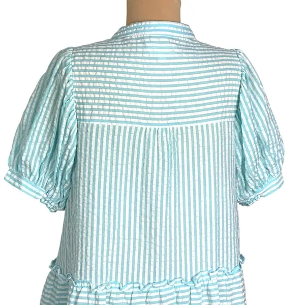 &merci Aqua White Striped Seersucker Tiered Mini Dress S Half Button Puff Sleeve - Image 7