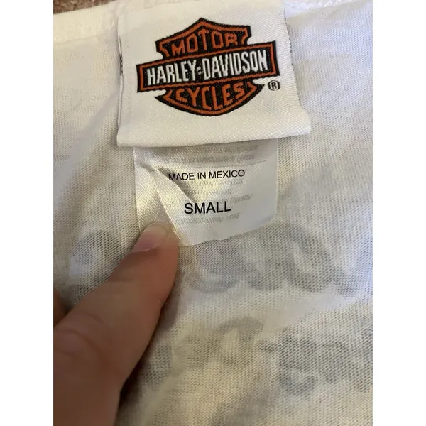 Harley Davidson White Tank Rhinestone Front Blue Trim Women's Small Schaefers PA - Image 6