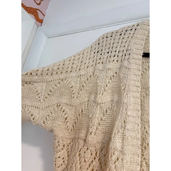 Pink Rose Cream Pointelle Knit Open Front Cardigan Sweater Medium Boho Ivory - Image 5