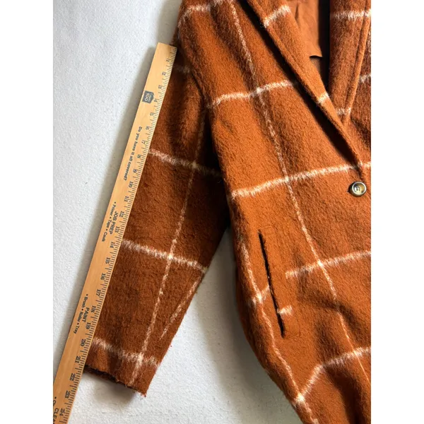 Old Navy Womens Long Windowpane Plaid Coat Rust Orange Boucle Overcoat Large - Image 7