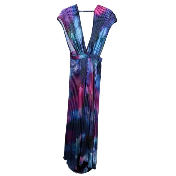 L'IDÉE Printed Gala Gown Pleated Deep Sea Blue Purple Tie Dye Maxi Dress 8 - Image 7