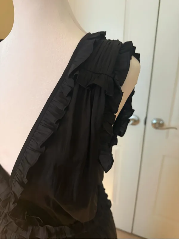Black Ruffled V-Neck Women’s Satin Jumpsuit deep neckline - Image 3