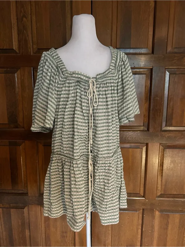 Free People County Line Romper Green Combo XS Oversized Square Neck Gingham Boho - Image 3