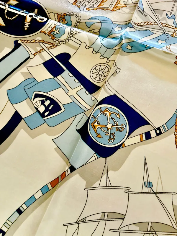 Vintage Square Sailing BOAT,WHEEL&Anchor 35/35 Oversized satin Silky SCARF - Image 7