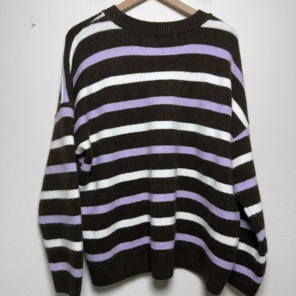 Parker Women Sweater Large Brown Striped Flora Embroidered Cozy Oversize - Image 8