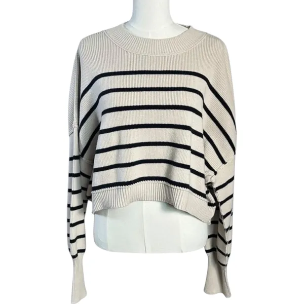 Free People Easy Street Stripe Crop Pullover Medium Cream Black Coastal Preppy - Image 10