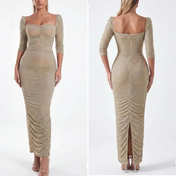 Miss Circle Sorrel Gold Ruched Chiffon Long Maxi Dress Formal Gown $250 M - Image 2