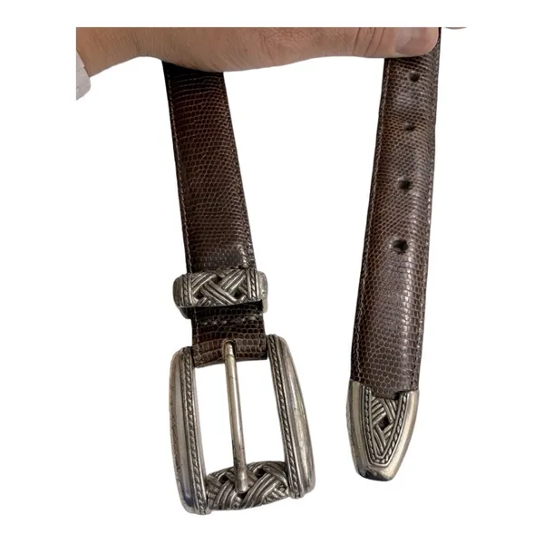 Brighton Brown Texture Leather Silver Tone Basket Weave Buckle Women's Belt Sz M - Image 8