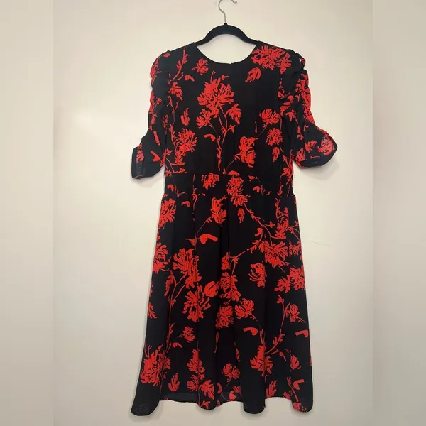 Who What‎ Wear Black Red Floral Puff Sleeve Midi Dress Size L cocktail wedding - Image 2