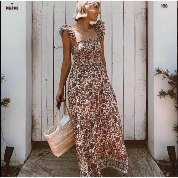 HOUSE OF HARLOW 1960 Boho Floral Open Tie Back Maxi Ruffle‎ Dress Cotton Medium - Image 3
