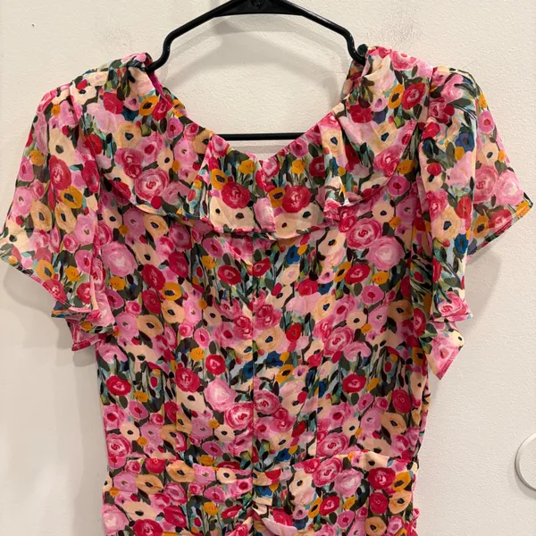ASTR The Label Vilma Floral Ruched Ruffle Midi Dress‎ Pink Multi Large Preppy - Image 9