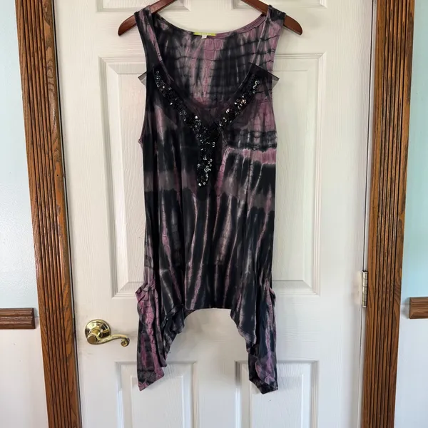 Gianni Bini Tie Dye Sequin Tank Top Sleeveless Handkerchief Hem M‎ - Image 7