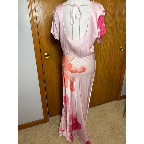 Anthropologie Pink Floral Short Sleeve Maxi Slip Dress Side Slit Tropical - Image 8